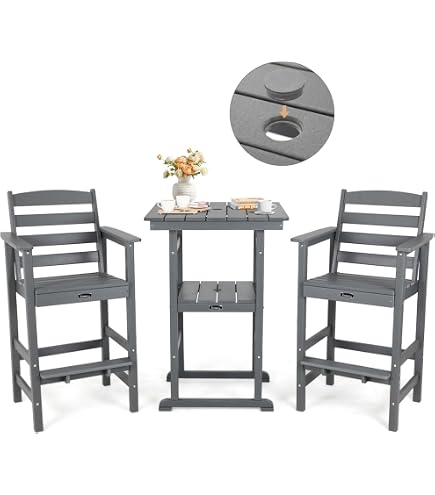 3 Piece Outdoor Patio Bistro Set with Umbrella Hole, HDPE 29.7