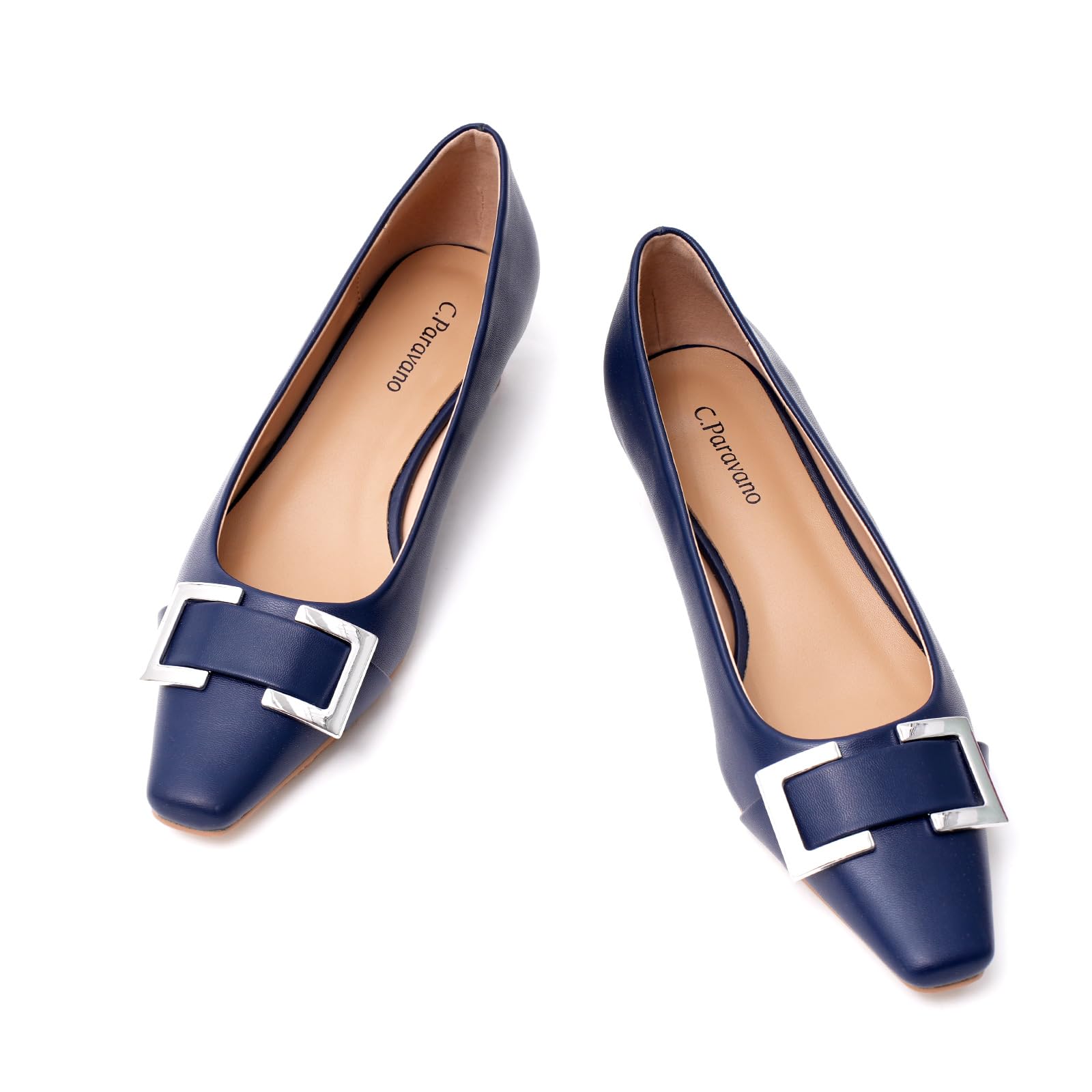 Photo 1 of C.Paravano Metal Buckle Square Toe Low Block Heels Closed Toe Chunky Heels 1.1 in Low Heel Pumps Vintage Women's Pump for Party Wear Dress Pumps Shoes Soft Lambskin(Navy,11.5)