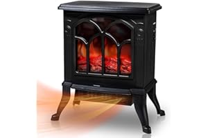 LifePlus Electric Fireplace Heater, Freestanding Stove Heater with 3D Realistic Flame Effect, Small Overheat Safety Protection for Indoor Use Bedroom, 1500W Retro Black