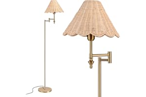 Folux Boho Rattan Floor Lamp Gold with Swing Arm, 63'' Standing Lamp for Reading, Bedside, Living Room