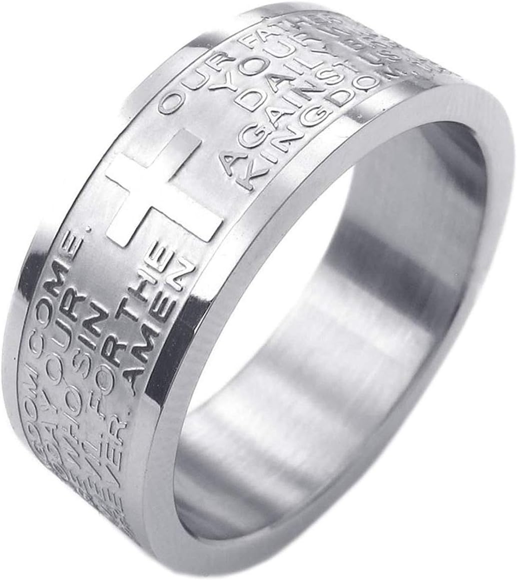 ATDMEI Christian Prayer Rings for Men Women Bible English Lord's Stainless Steel 8mm Wide Size 9 Jewelry