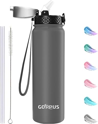 GOPPUS Stainless Steel Water Bottle 1L Double Wall Insulated with Straw