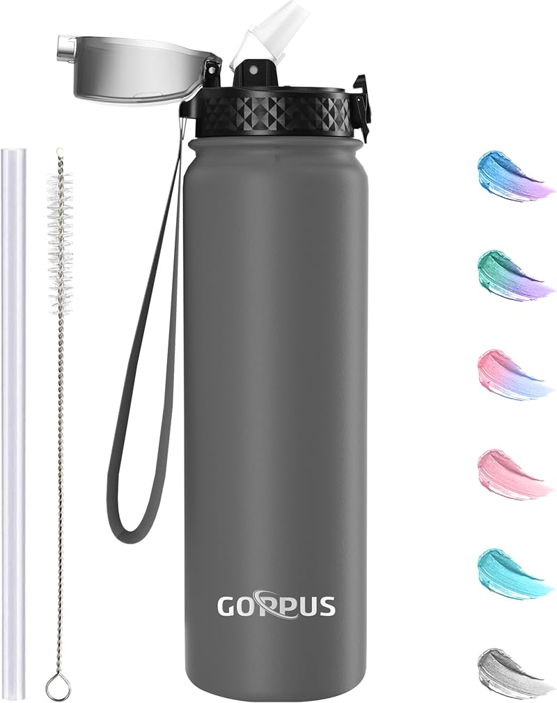 GOPPUS Stainless Steel Water Bottle 1L Double Wall Insulated with Straw