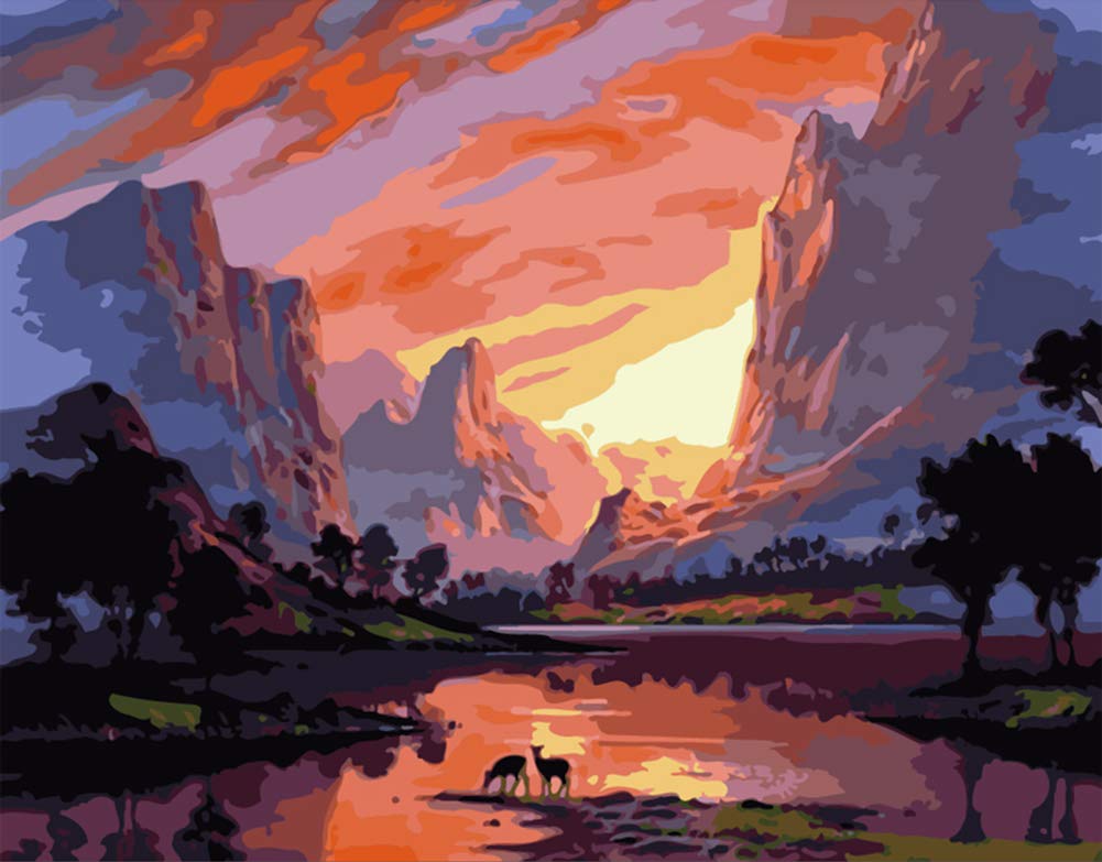 ABEUTY DIY Fabric Decorating Kits, Paint by Numbers Sunset Landscape Riverside 16x20 inches Number Painting Wall Art (Mountains, No Frame)