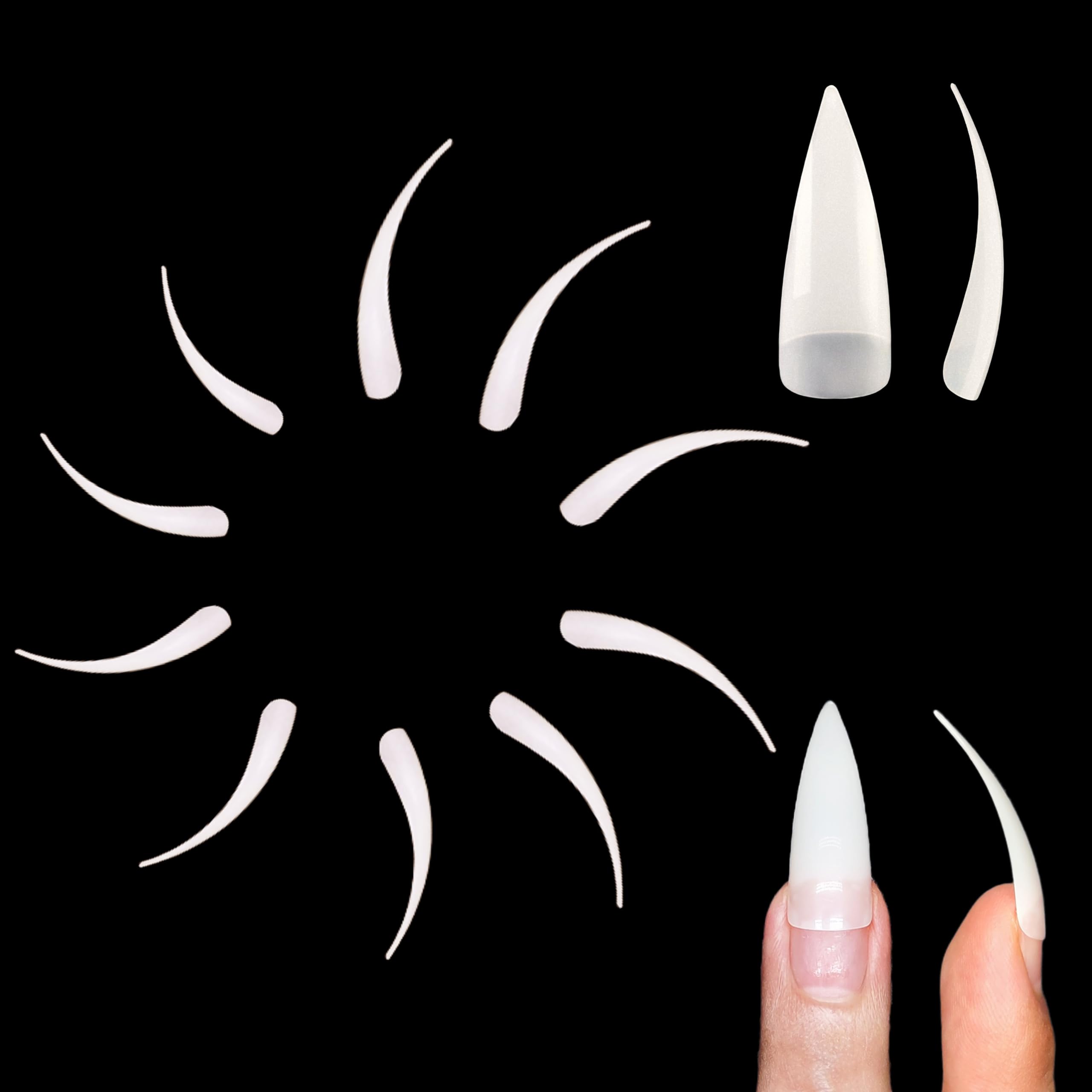 NOVO OVO 500 pcs Long Eagle Claw Deep Curved Stiletto Nail Tips, Natural Color extra super Hawk Curve Half Cover False Nail Extension for Acrylic, Raptor Sharp Fake Nails Cosplay Claws 10 Sizes in Bag — image 1