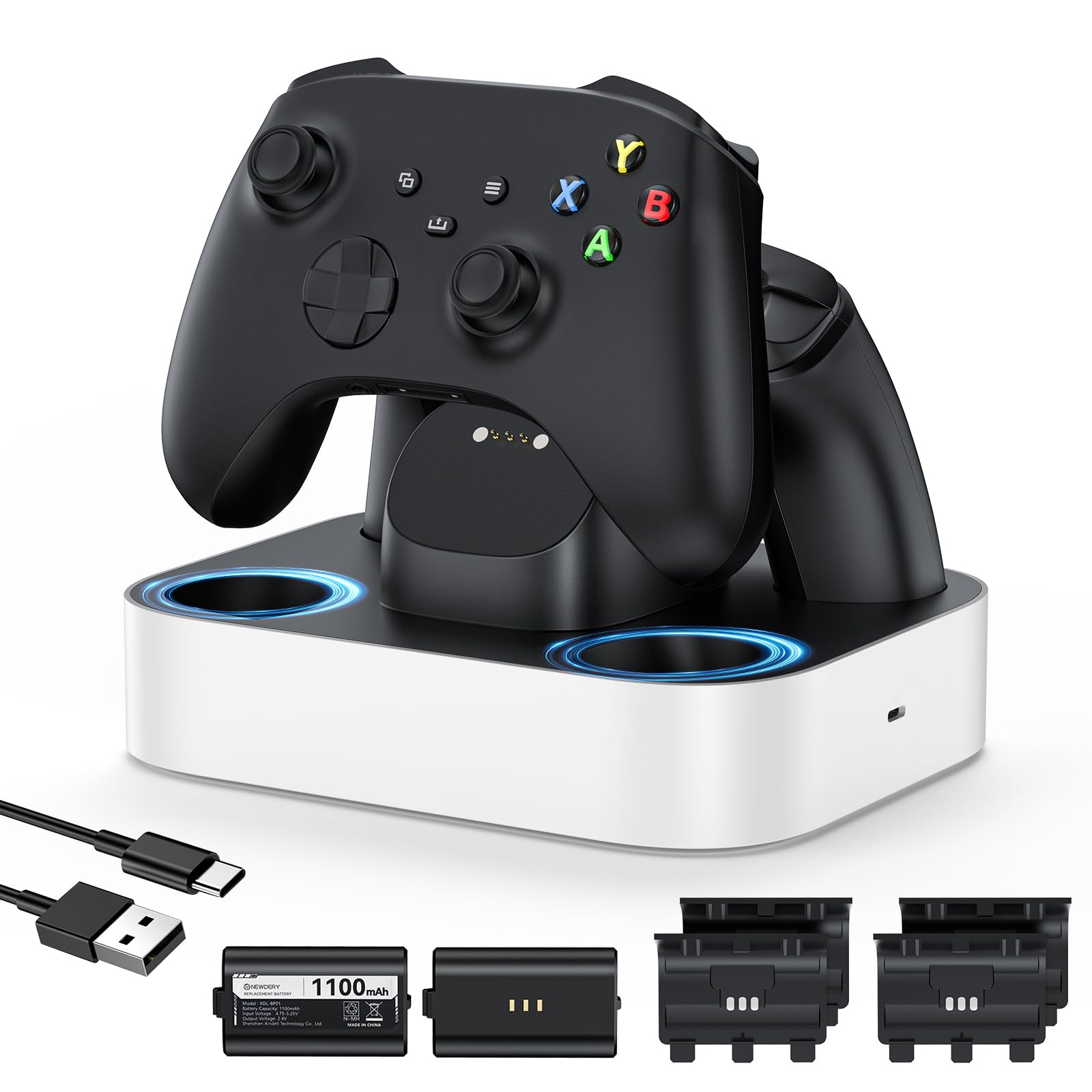 NEWDERY Controller Charger Station for Xbox, 2x1100mAh Rechargeable Battery Packs for Xbox One/Series X|S Controller, Fast Charging Dock with 4 Battery Covers - White
