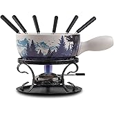 Artestia Serene Summits Swiss Design Fondue Set for Party - 2L Large Capacity Ceramic Fondue Pot Melting Cheese, Chocolate, 6 Fondue Forks, Fondue Party, Wedding Gifts