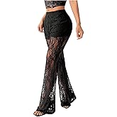 Verdusa Women's Plus Size Floral Lace Flare Pants Goth Sheer High Waist Rave Trousers
