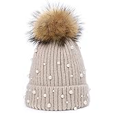 Womens Girls Winter Knitted Beanie Hat Faux Fur Ball Pom Pom Pearls Beaded Trim Hat Warm Cap