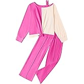 Sislerew Girls Clothes Twist Knot Color Block Loose Fit Cold Shoulder Top and Solid Color Wide-lege Pants Outfits Size 6-16