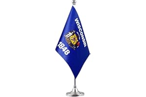 GentleGirl.USA State Flag Wisconsin WI Flag, Small Mini Wisconsin State Flag Desk Flag Stick Office Table Flag on Stand Base, US Festival Events Celebration Decoration,Desk Home Decoration