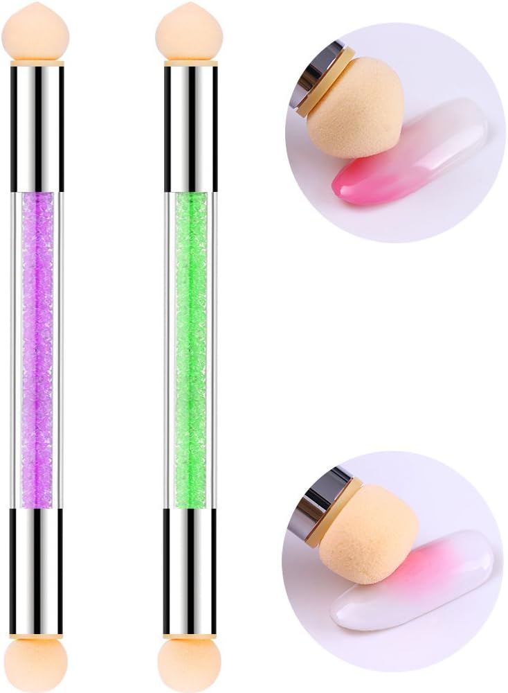 Nail Sponge Brush 2 PCS Dual Tipped Ombre Nail Art Brush Painting Pen Picking Dotting DIY Gradient Pen Crystal Acrylic Handle Shading Pen Nail Art Tools For UV Gel Nails Gradient Blooming