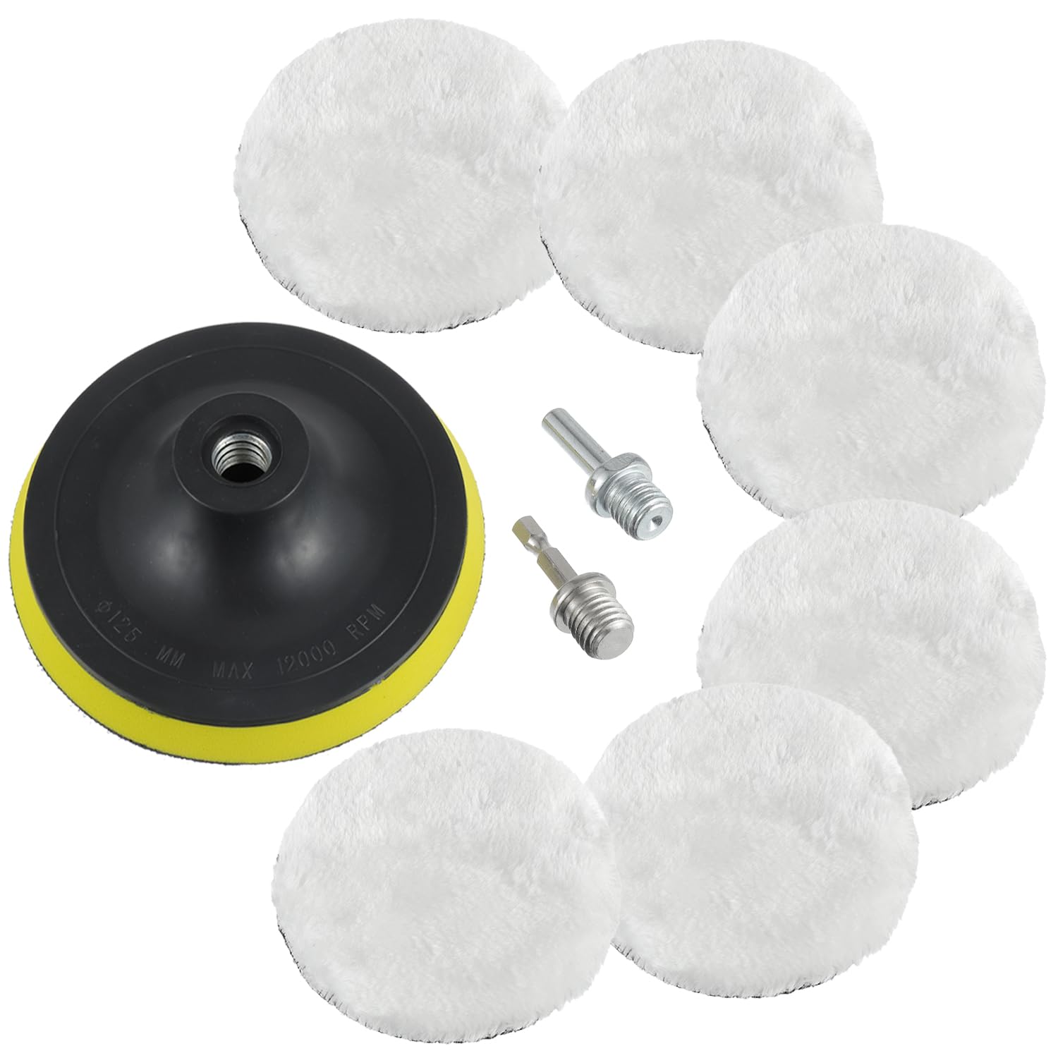 HUAREW Wool Polishing Pads Set, Wool Pads with Backing Pad and Adapter, Pack of 6 Wool Polishing Attachment, Sheepskin Wool Buffing Pads, Waxing Discs Wheel Pads with M14 Drill Adapter (125 mm)