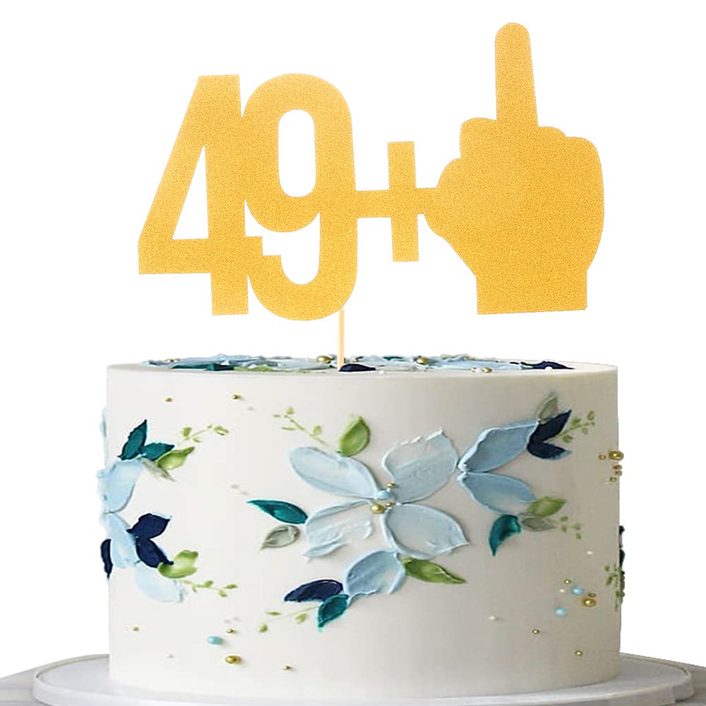 49＋1 Middle Finger Cake Topper - Gold Glitter 49+1 Cake Decoration, 50 and Fabulous, Cheers to 50th Birthday Years Party Cake Decoration, Gold 50 Birthday、Wedding、AnniversaryPhoto Props