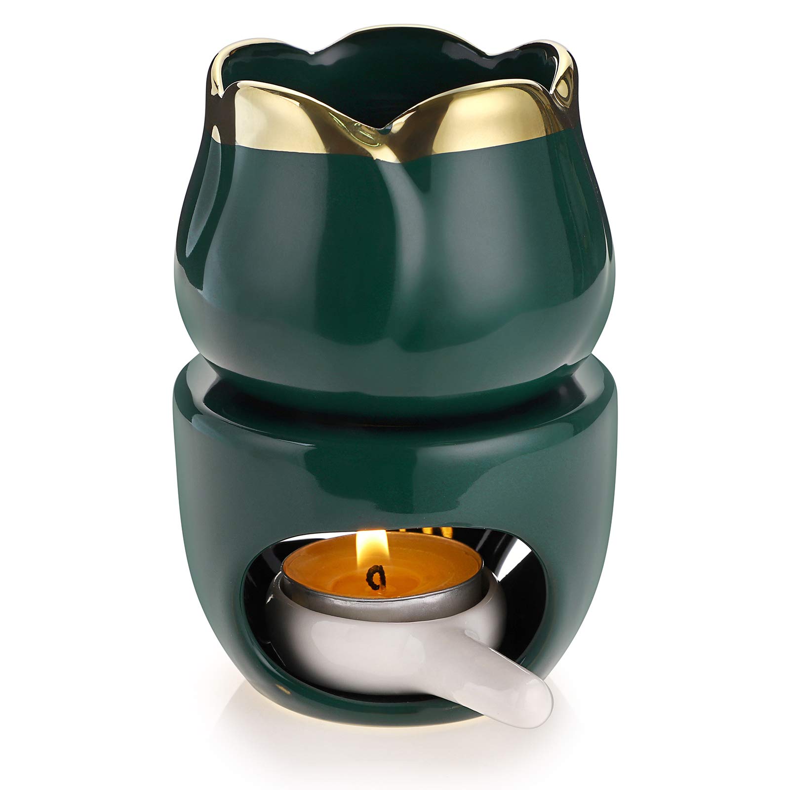 BSTKEY Ceramic Essential Oil Burner Wax Melt Burner with Candle Spoon, Decorative Aroma Tealight Candle Holder Oil Burner for Wax Melt, Flower Model (Green)