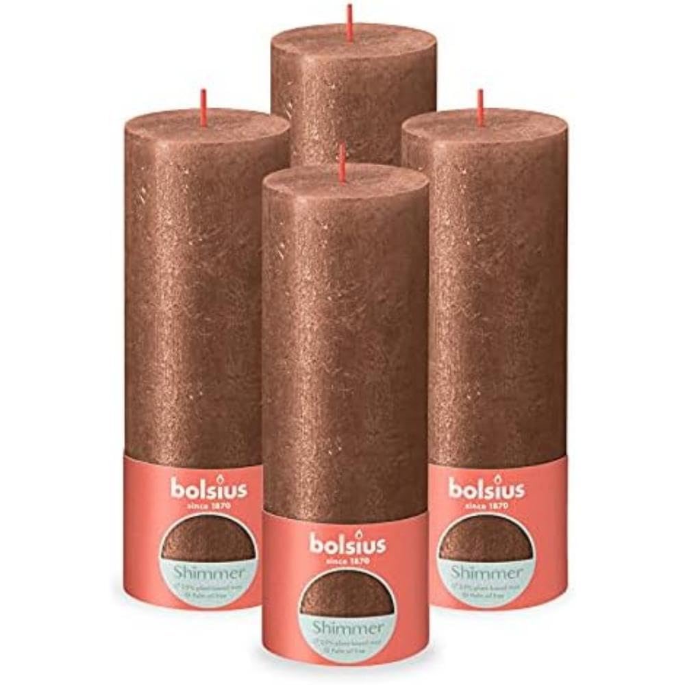 Bolsius Rustic Pillar Candle - Shimmer Copper - Pack of 4 - Long Burning Time of 85 Hours - Interior - Unscented - Includes Natural Vegan Wax - No Palm Oil - 19 x 7 cm