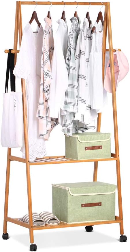 Lisuu Multifuctional Bamboo Coat Rack with 2 Coat Hooks 2-Tier Shoe Clothes Storage Shelves