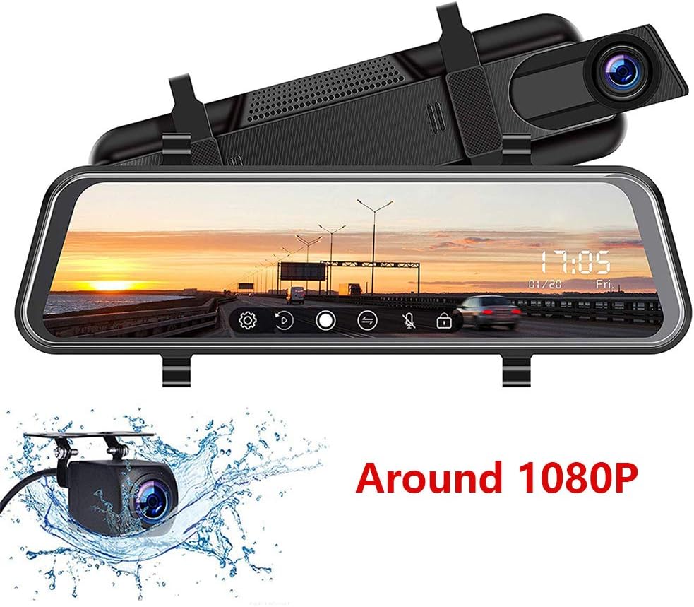 Mirror Dash Cam - 10” Full Touch Screen Dash Camera, 1080P Front & Rear Dual Lens Video, Waterproof Streaming Media Parking Monitor Reversing Backup Camera with Night Vision