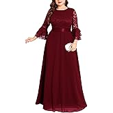TIARALY Plus Size Maxi Dress Floral Lace Contrast Chiffon Evening Gown Ruffle Bell Sleeve Crew Neck Formal Wedding Guest