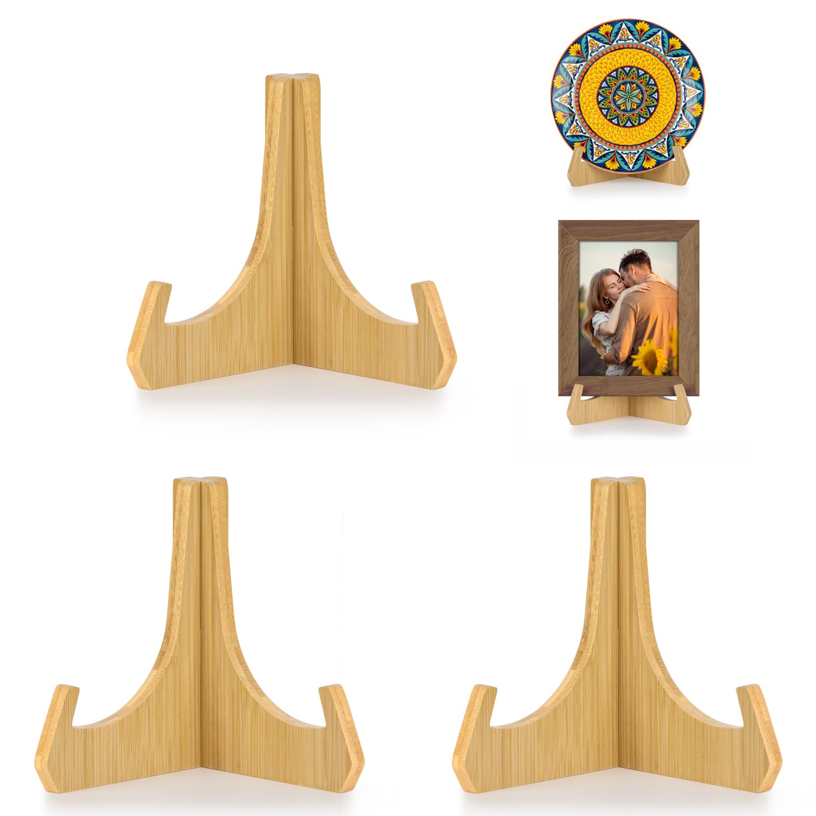 ANBOXIT Plate Stands for Display, 6 Inch Plate Holders for Displaying, Bamboo Picture Frame Holder for Tables, Tabletop Easels, Decorative Stand for Platter, Dish, Book, Photo and Plaque (3 Pack)