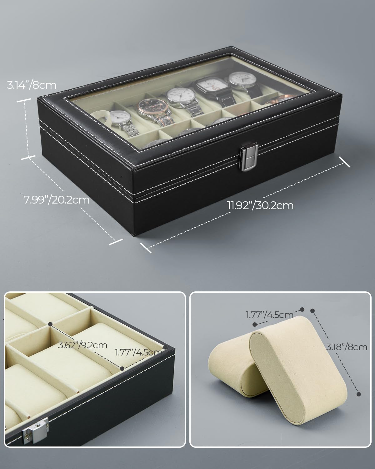 Ohuhu Watch Case 12 Slot PU Leather Real Glass Lid Watch Box Watch Holder Organizer Display Storage Box Soft Velvet Jewelry Box for Men and Women Birthday Fathers Day Valentine's Day Gifts