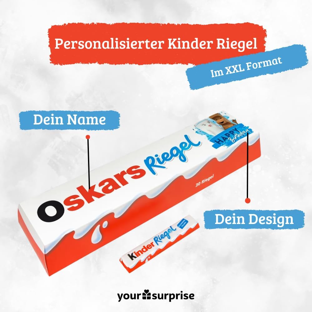 XXL kinder Riegel personalisiertes Geschenk mit Name - Geburtstagsgeschenk für Männer und Frauen personalisiert mit 3x 10er Packung kinder Riegel Schokolade (630 gramm) 2