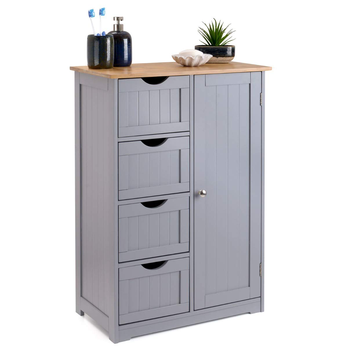 Christow Grey & Bamboo Bathroom 4 Drawer 1 Door Free Standing