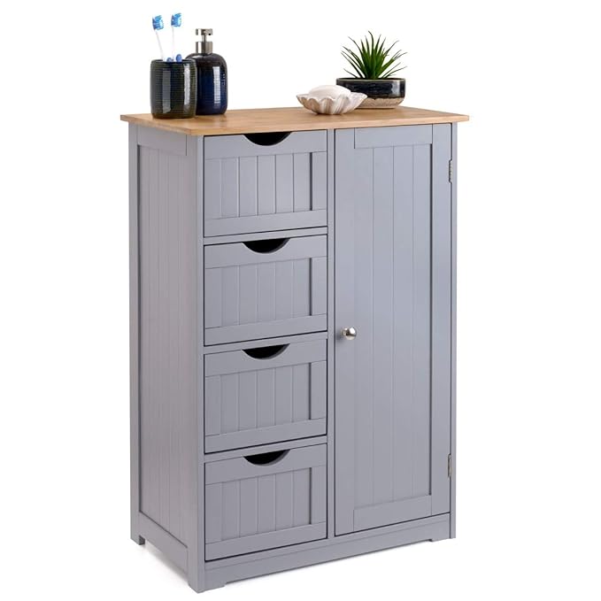 Christow Grey & Bamboo Bathroom 4 Drawer 1 Door Free Standing Wooden Storage Furniture