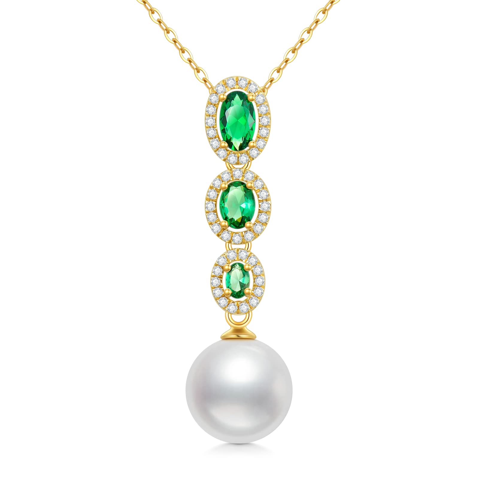 SISGEM 9 ct Gold Pearl Necklace, Solid Yellow Gold Emerald Drop Pendant Necklace, for Women Girls Ladies Mum Sisters, 16"+1"+1"