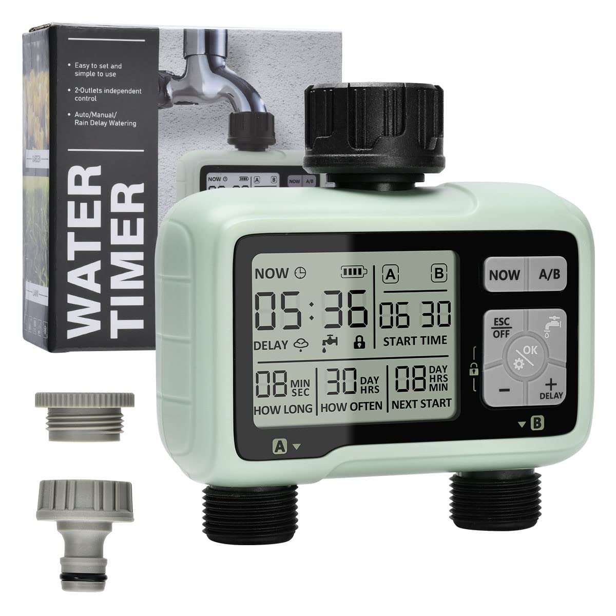Irrigation Computer with 2 Independently Controlled Outputs, Johgee Digital Water Timer with LCD Display, Auto/Manual Watering Controller