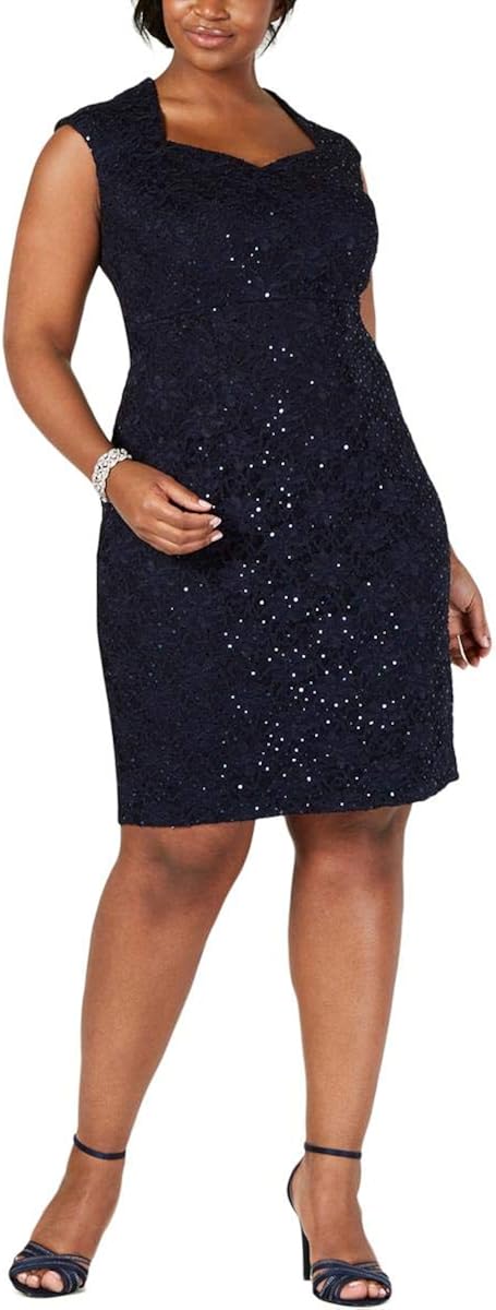 Connected Apparel Womens Navy Sequined Lace Sleeveless Queen Anne Neckline Knee Length Sheath 