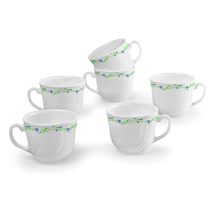 Cello Imperial Opalware Bella Cup Set, 90ml, Set of 6, White/Amazon Creeper