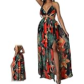 Women's Floral Print Chain Decor Split Thigh Tie Back Dress,V Neck Tie Open Back High Slit A Line Summer Maxi Dress for Beach
