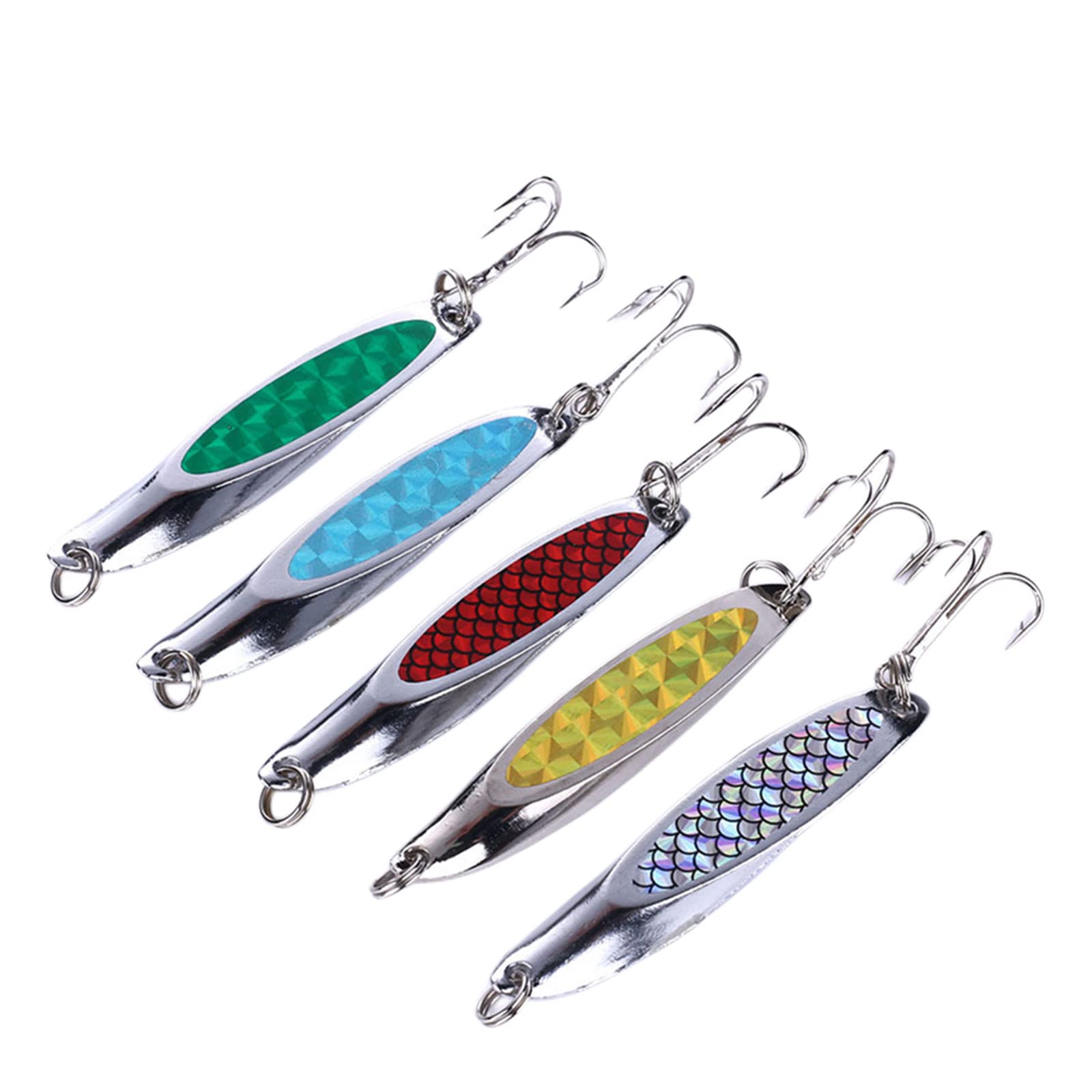 Metal Fishing Lures,5PCS Sea Fishing Spinners Slice Spoon Baits with Treble Hook,Tackle Spinners Lures Set with Box for Bass Pike Trout Perch, 7 cm 21g (Pattern F 5Pcs)