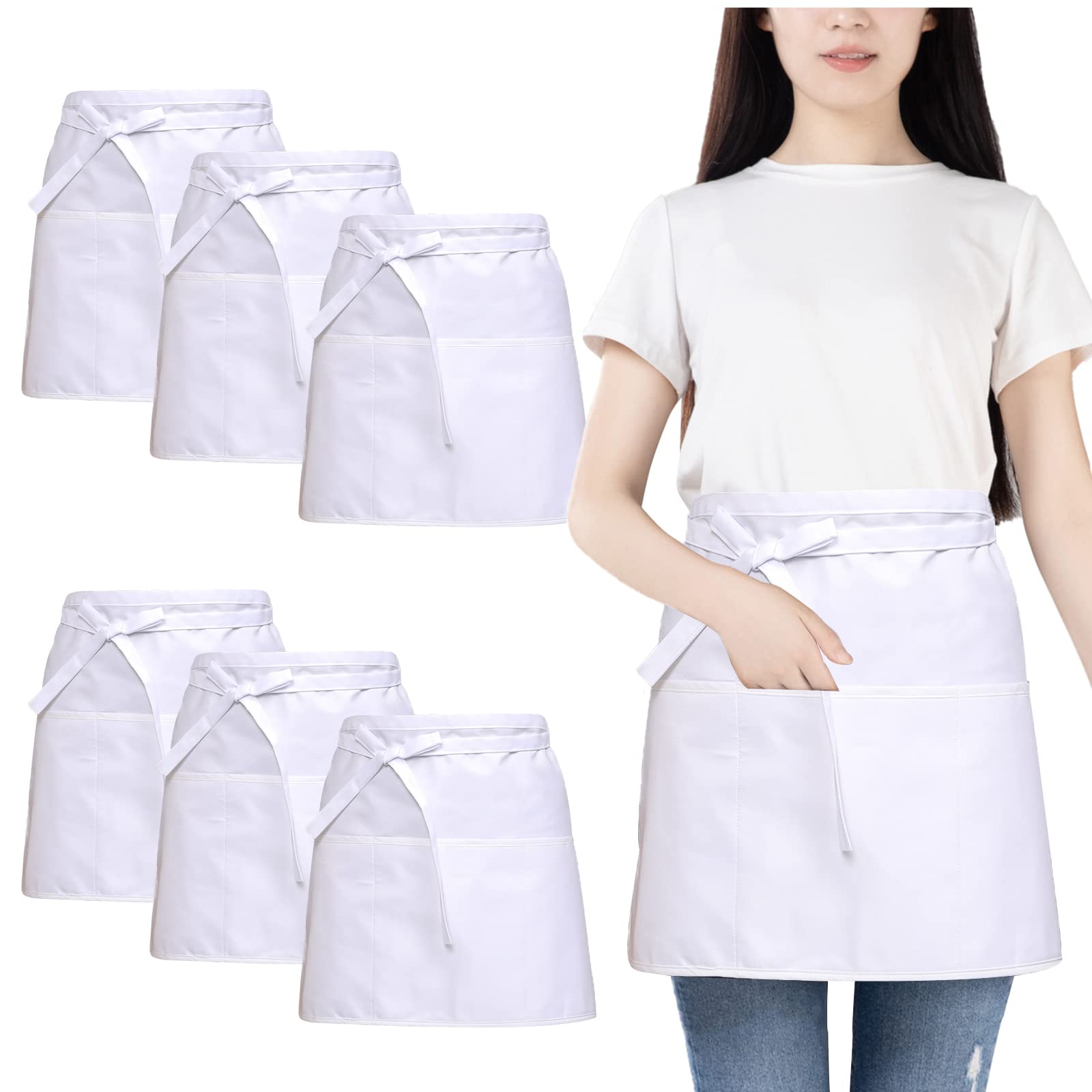 Photo 1 of 6 Pack White Waist Apron, Waitress Server Apron with 3 Pockets, Waterproof Half Aprons for Men and Women, Chef Aprons for Cooking Cleaning Painting Gardening Bistro Restaurant