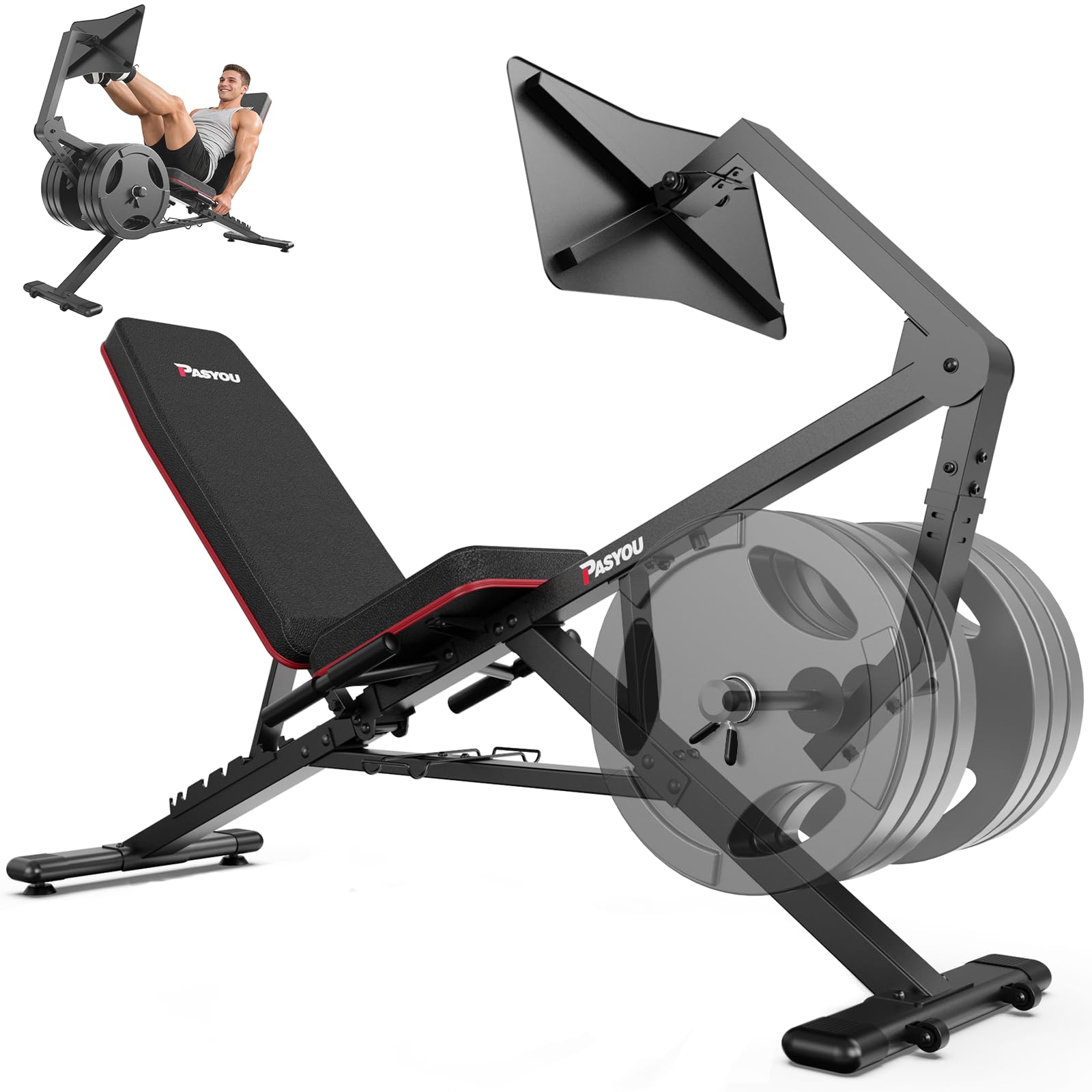 Photo 1 of *** USED/UNKNOWN MISSING PARTS***PASYOU Leg Press Machine for Home Gym – Adjustable Foot Plate Weight Bench with Leg Extension, Compact Footprint Workout Bench for Glutes, Quads & Hamstrings, Compatible with 1'' and 2'' Weight Plates
