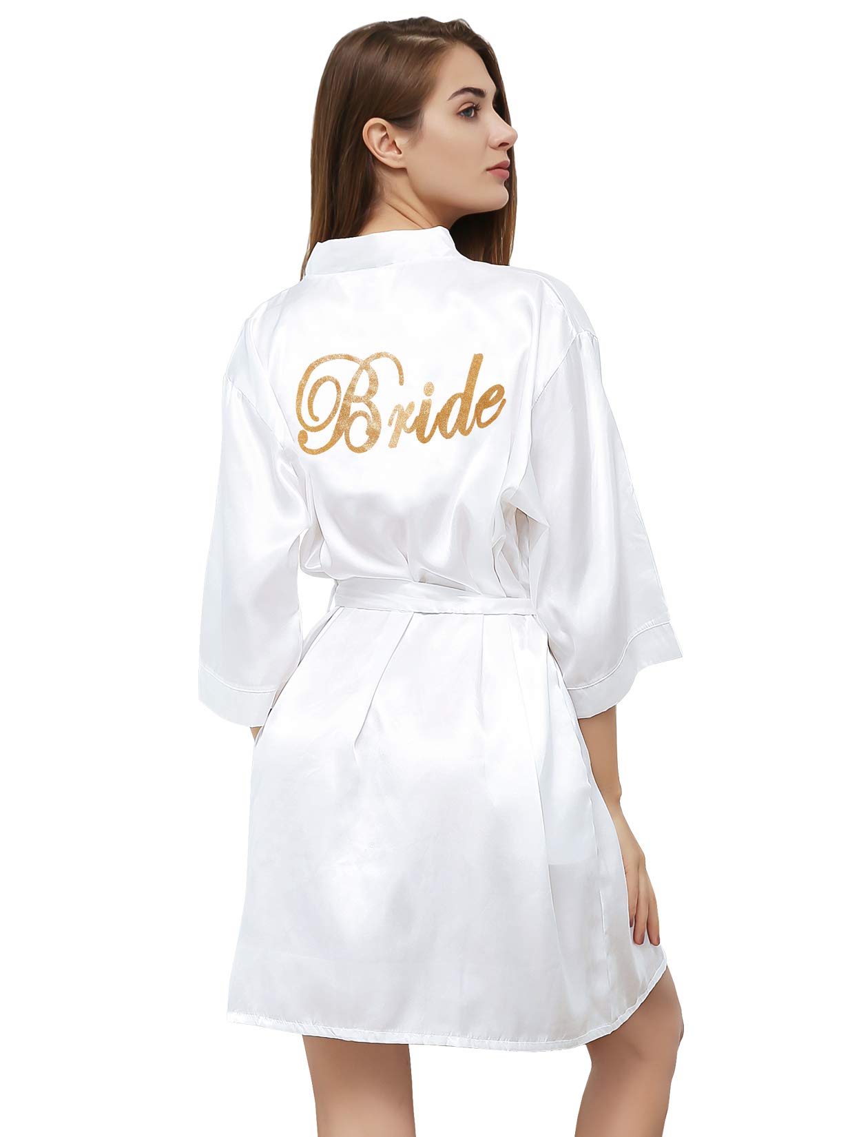 Women Satin Kimono Robe for Bride Bridesmaid Robes Pajamas Wedding Party with Gold Glitter