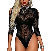 EHSUYAB Sexy Womens Fishnet Lace Bodysuit, Striped Cut Out Thong Sheer Mesh Top, Club Rave Exotic Dancer Outfits Going Out