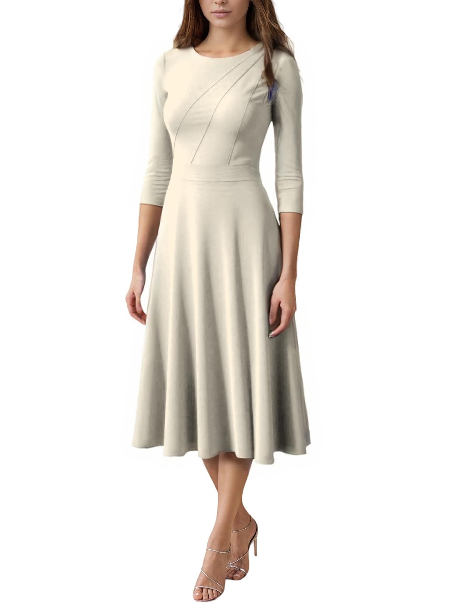 Photo 1 of FENJAR Women's Fit and Flare Cocktail Dress Elegant 3/4 Sleeve Wedding Guest Work Formal A Line Midi Dresses(Beige-M)