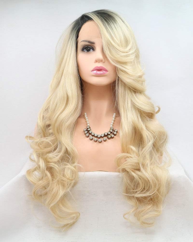 24" Long Wavy Wigs for Women Ombre Curly 13x3" Pre Plucked Natural Hairline Synthetic Lace Front Wig Heat Resistant Fiber Hair Replacement Wigs for Daily Party Halloween Use (Ombre Blonde)