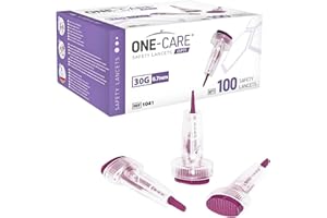 MediVena ONE-CARE Safety Lancets, 30G x 1.5mm, Push Button Activation, Gentle, Pre-Loaded, 3-Steps Only, Diabetes Testing, Sterile, Finger Self Prick Device, Glucose Monitor, Single Use, 100/Box