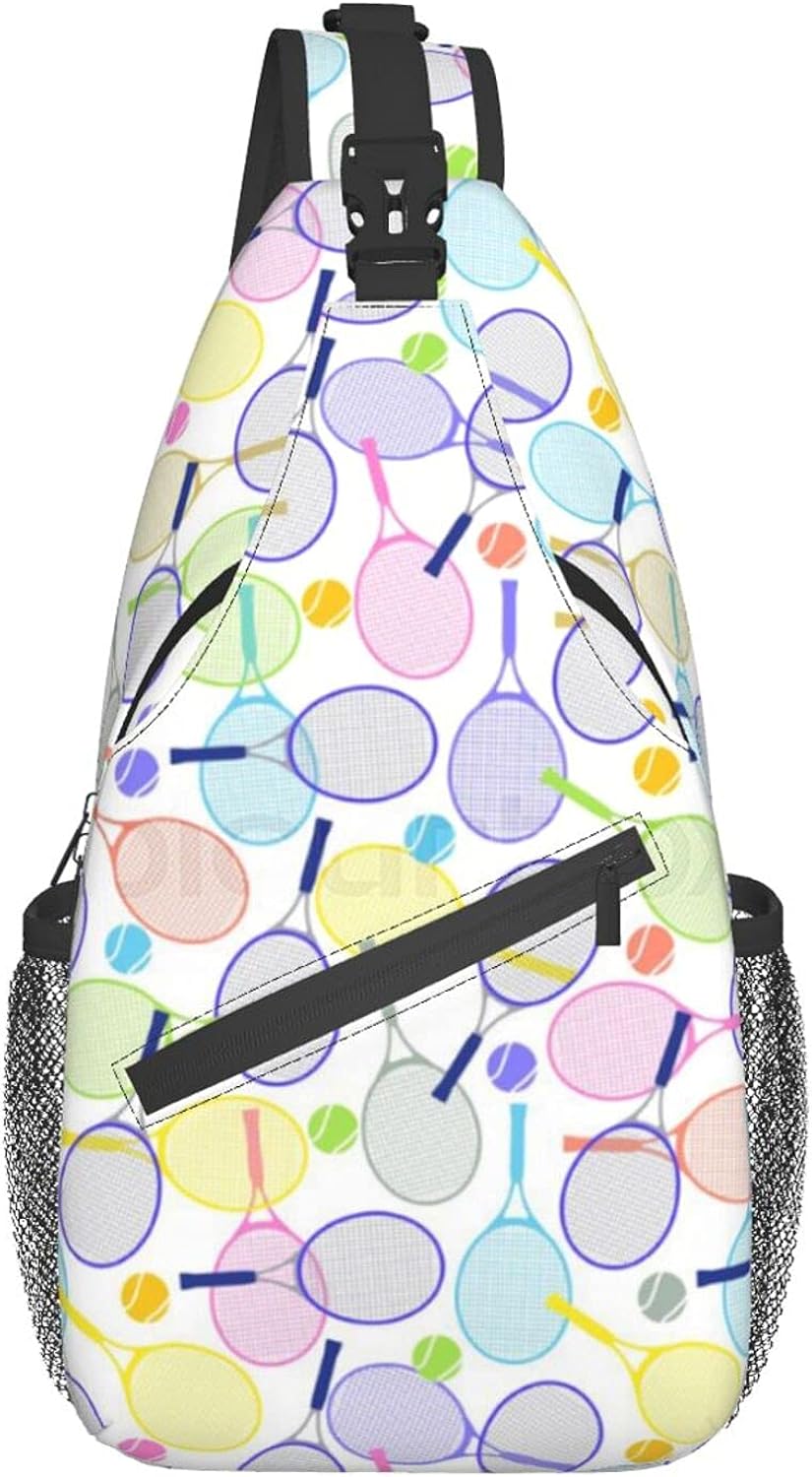 Color Tennis Racket Sling Backpack,Travel Hiking Daypack Pattern Rope