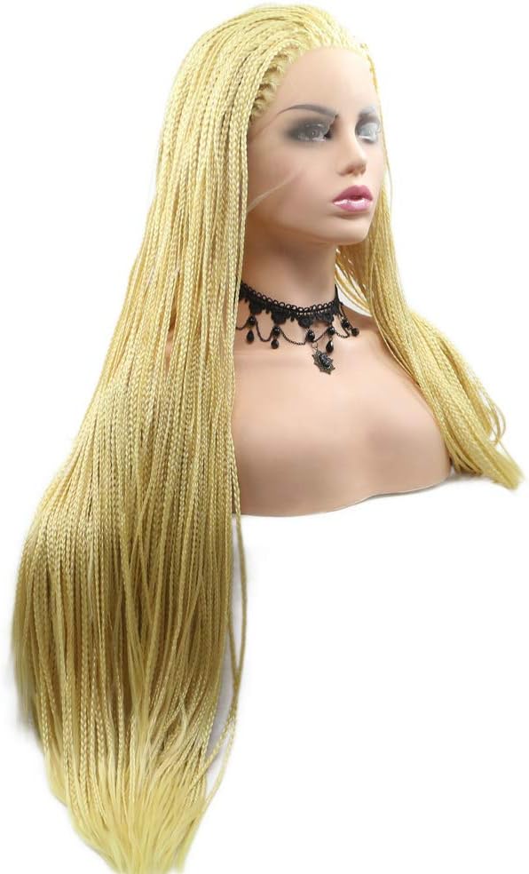 Long Yellow Wig Afro America Box Braided Wigs Heat Resistant Synthetic Lace Front Wigs for Women Lady Cosplay Daily Party 26inches - Image 3