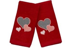 Serafina Home Valentine Red Hearts Bathroom Fingertip Towels, 2 pc Set, Elegant Red Hearts Embroidery, Love Decor for Bath or Kitchen, Girlfriend or Teen Present