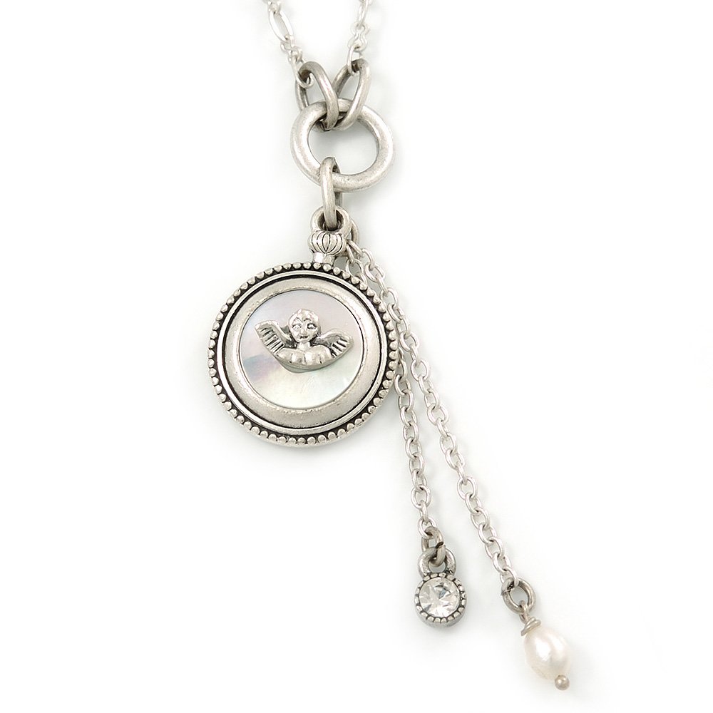 Avalaya Angel Mother of Pearl Pendant With Long Silver Tone Chain/Vintage Inspired/ 36cm L/ 7cm Ext