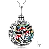 SVODEA Moon Mushroom Urn Locket Necklace for Ashes Cremation Jewelry,Sterling Silver Magical Red Mushroom Pendant Moon Phase Ashes Keepsake Urns Necklaces with w/Funnel Filler for Women