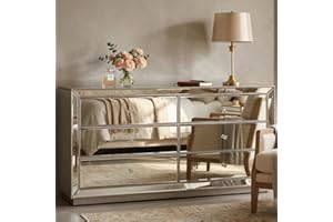 Mirrored 6-Drawer Dresser – Glam Silver Glass Finish Storage Cabinet with Crystal Knobs & Beveled Trim, Modern Luxury Bedroom