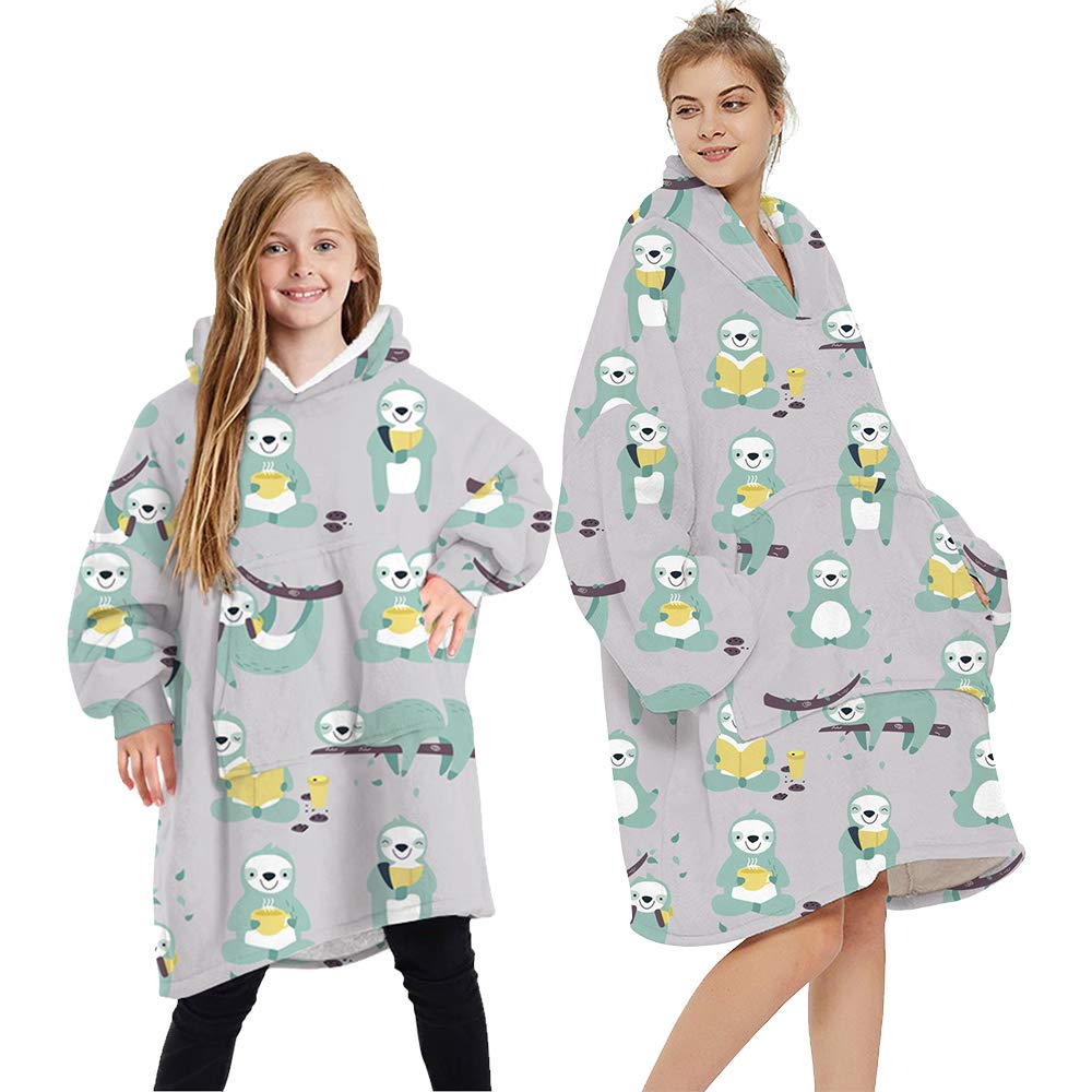 L&ieserram Oversized Oodie Blanket Hoodie Fluffy Fleece Hoodie Blanket for Women Men Kids Wearable Hooded Blanket with Big Pocket (Sloth - Grey, One Size)