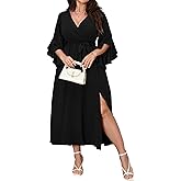 Womens Plus Size Dress Wedding Guest Cocktail Ruffle Half Sleeve Wrap V Neck Slit A Line Maxi Dresses with Belt