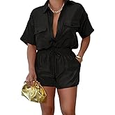 2 Piece Outfits for Women Summer Casual Short Sleeve Button Down Tops Blouses Shirts and Shorts Set with Pockets Romper